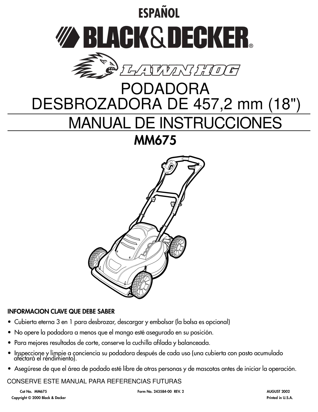 Black & Decker MM675 instruction manual Informacion Clave QUE Debe Saber, Conserve Este Manual Para Referencias Futuras 