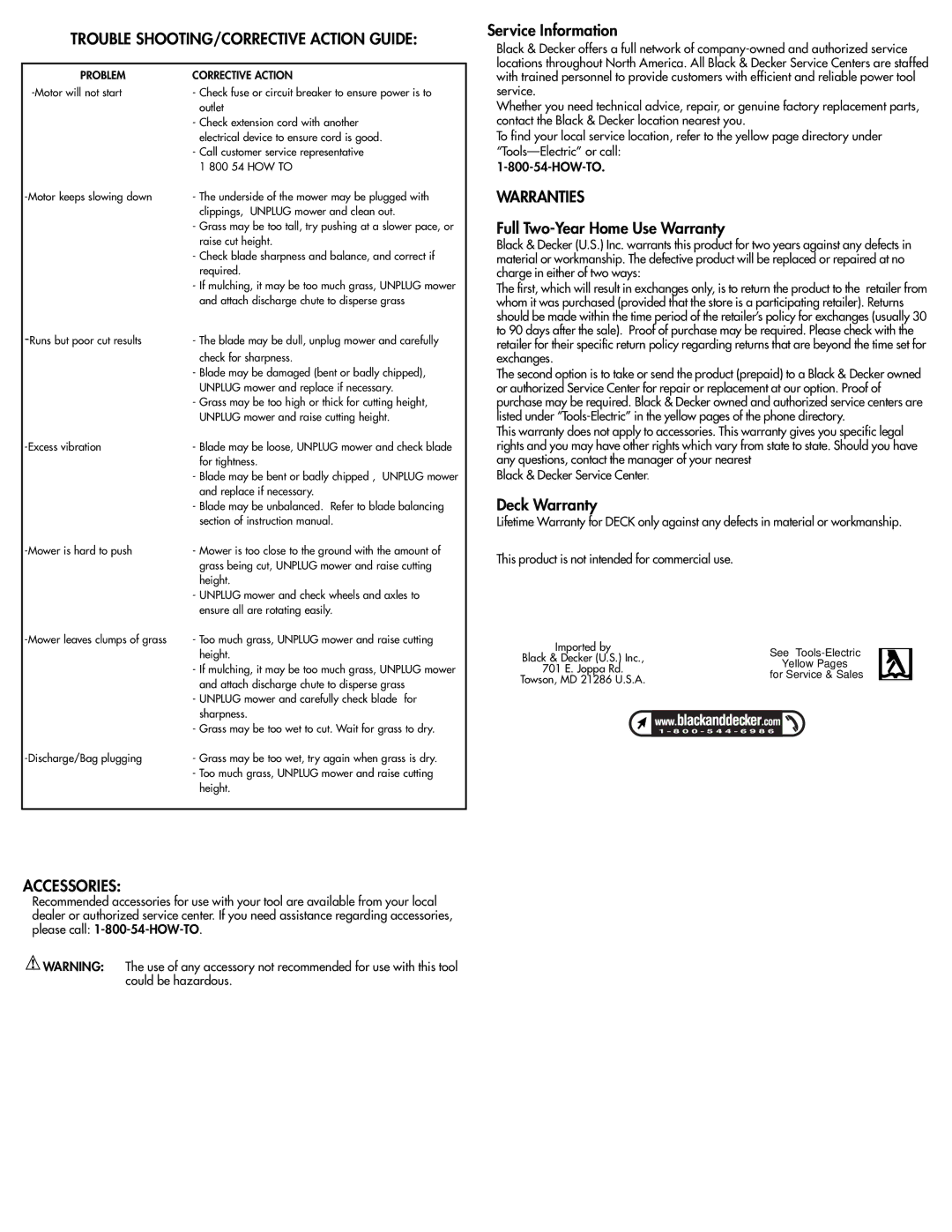 Black & Decker MM675 instruction manual Trouble SHOOTING/CORRECTIVE Action Guide, Warranties, Accessories 