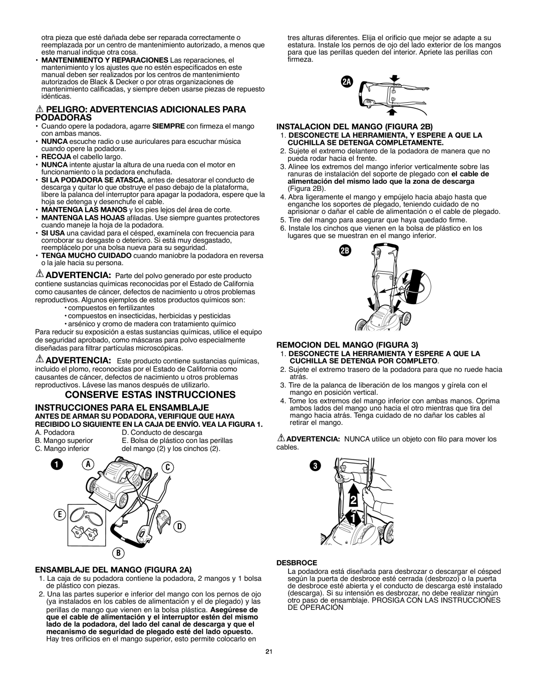 Black & Decker MM675 Conserve Estas Instrucciones, Peligro Advertencias Adicionales Para Podadoras, E D B, Desbroce 
