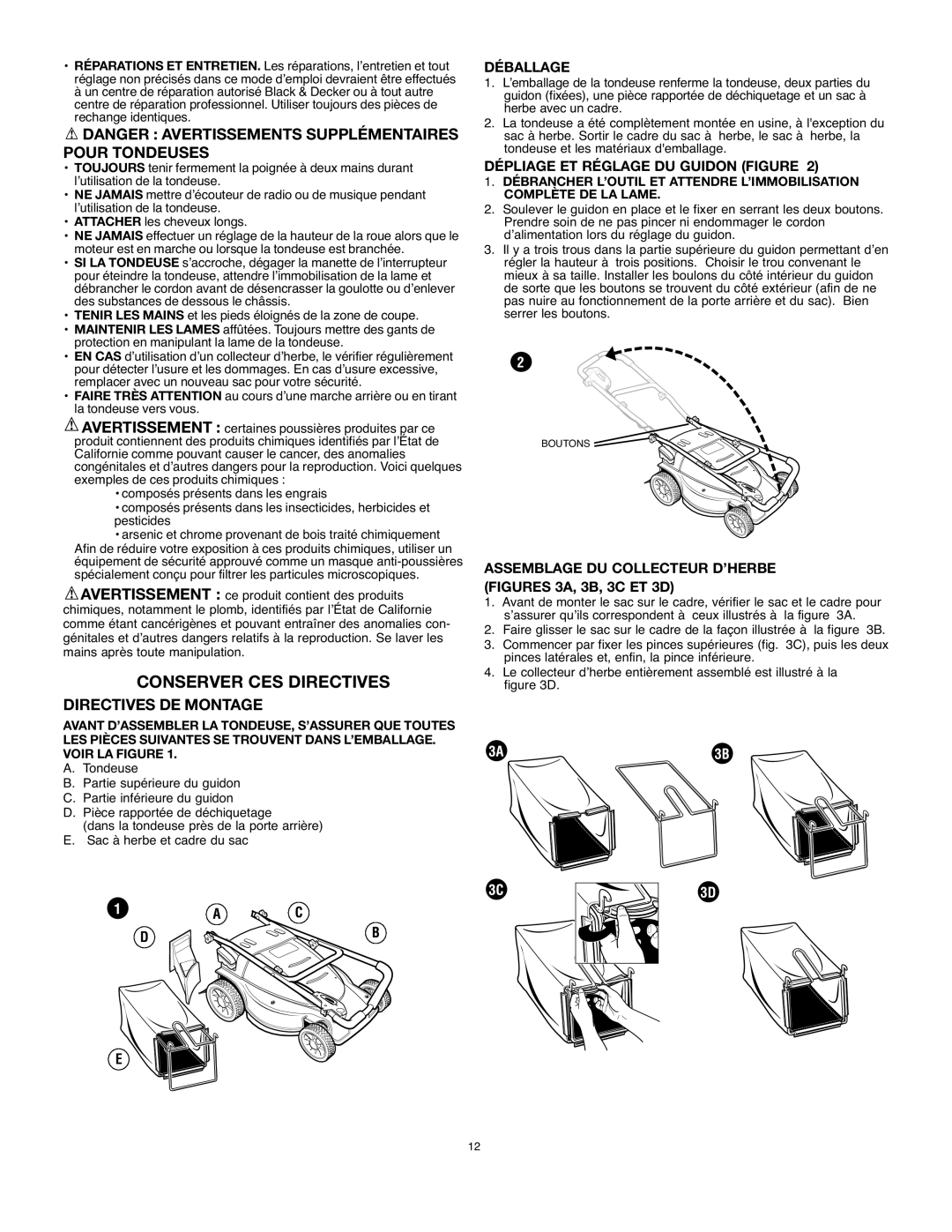 Black & Decker MM875 Conserver CES Directives, Directives DE Montage, Déballage, Dépliage ET Réglage DU Guidon Figure 