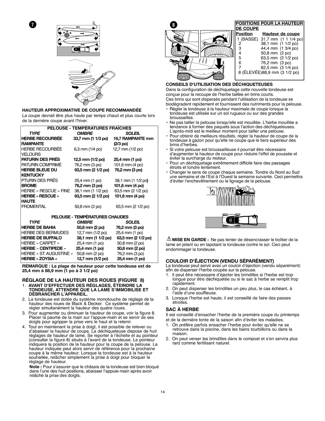 Black & Decker MM875 Réglage DE LA Hauteur DES Roues Figure, Couloir D’ÉJECTION Vendu Séparément, SAC À Herbe 