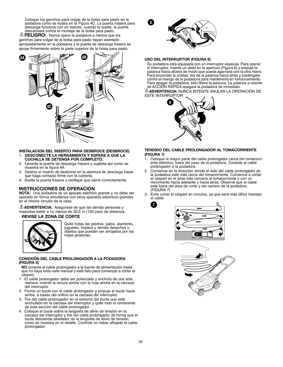 Black & Decker MM875 instruction manual Instrucciones DE Operación, Revise LA Zona DE Corte, USO DEL Interruptor Figura 