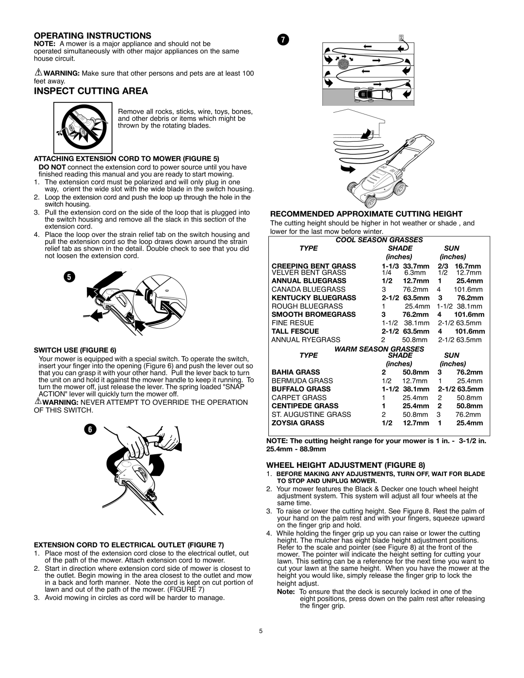 Black & Decker MM875 Inspect Cutting Area, Operating Instructions, Recommended Approximate Cutting Height 