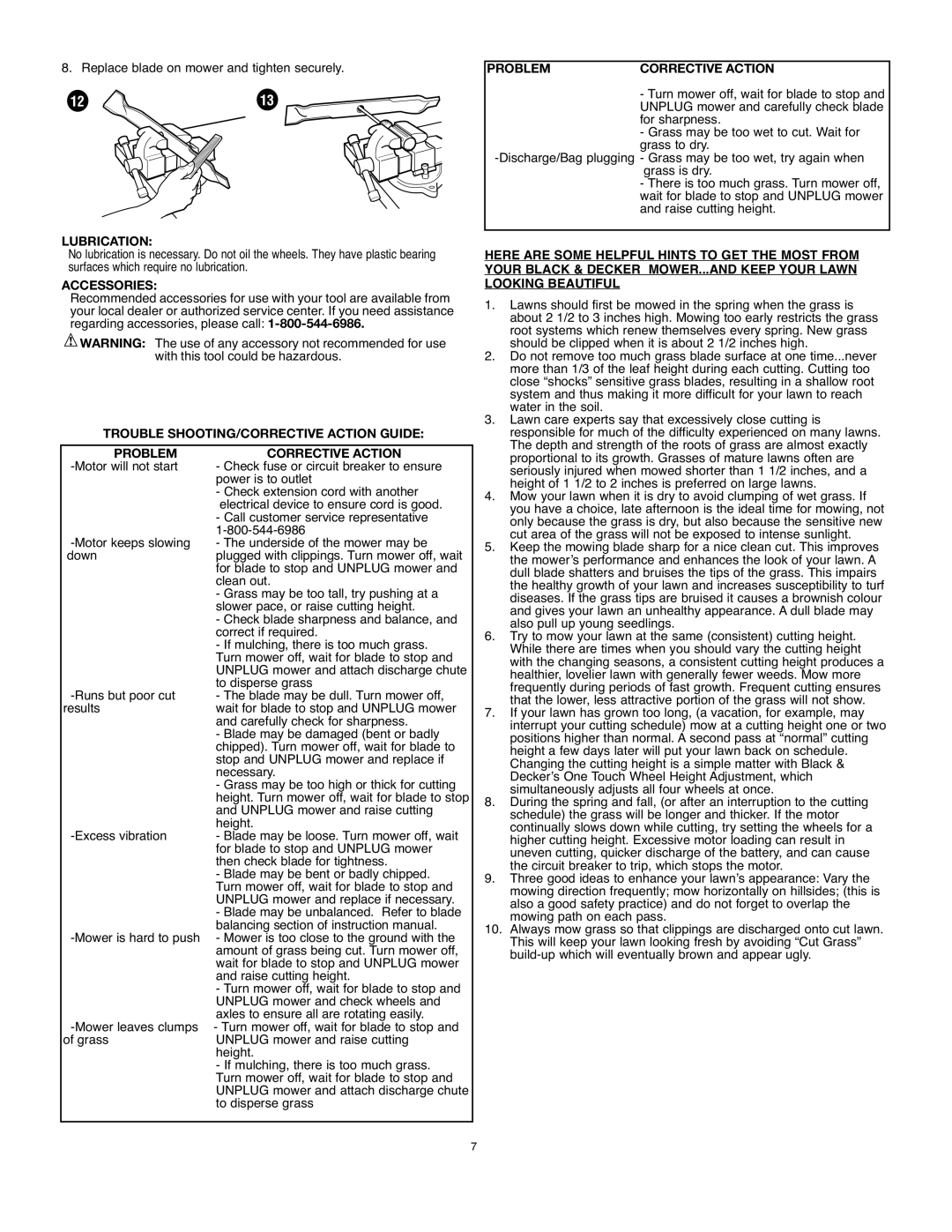 Black & Decker MM875 instruction manual Problem Corrective Action, Lubrication, Accessories 