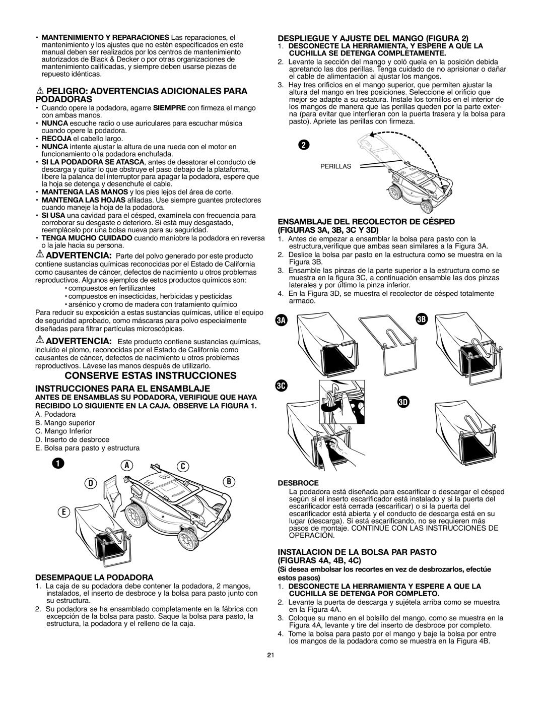 Black & Decker MM875 Conserve Estas Instrucciones, Peligro Advertencias Adicionales Para Podadoras, Desempaque La Podadora 