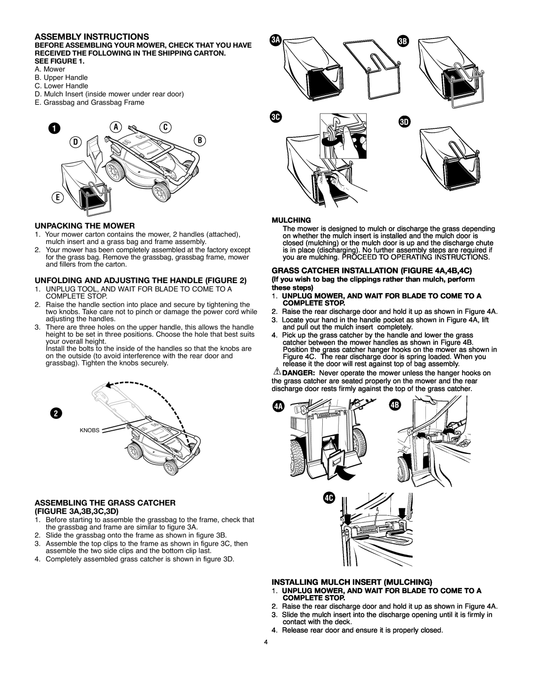 Black & Decker MM875 Assembly Instructions, Unpacking The Mower, Unfolding And Adjusting The Handle Figure, 3C 3D 