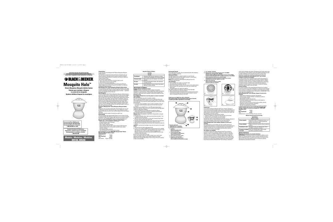 Black & Decker manual Mosquito Halo, Models / Modelos / Modèles MR100, MR200, Accessoires/Pièces É.-U./Canada 