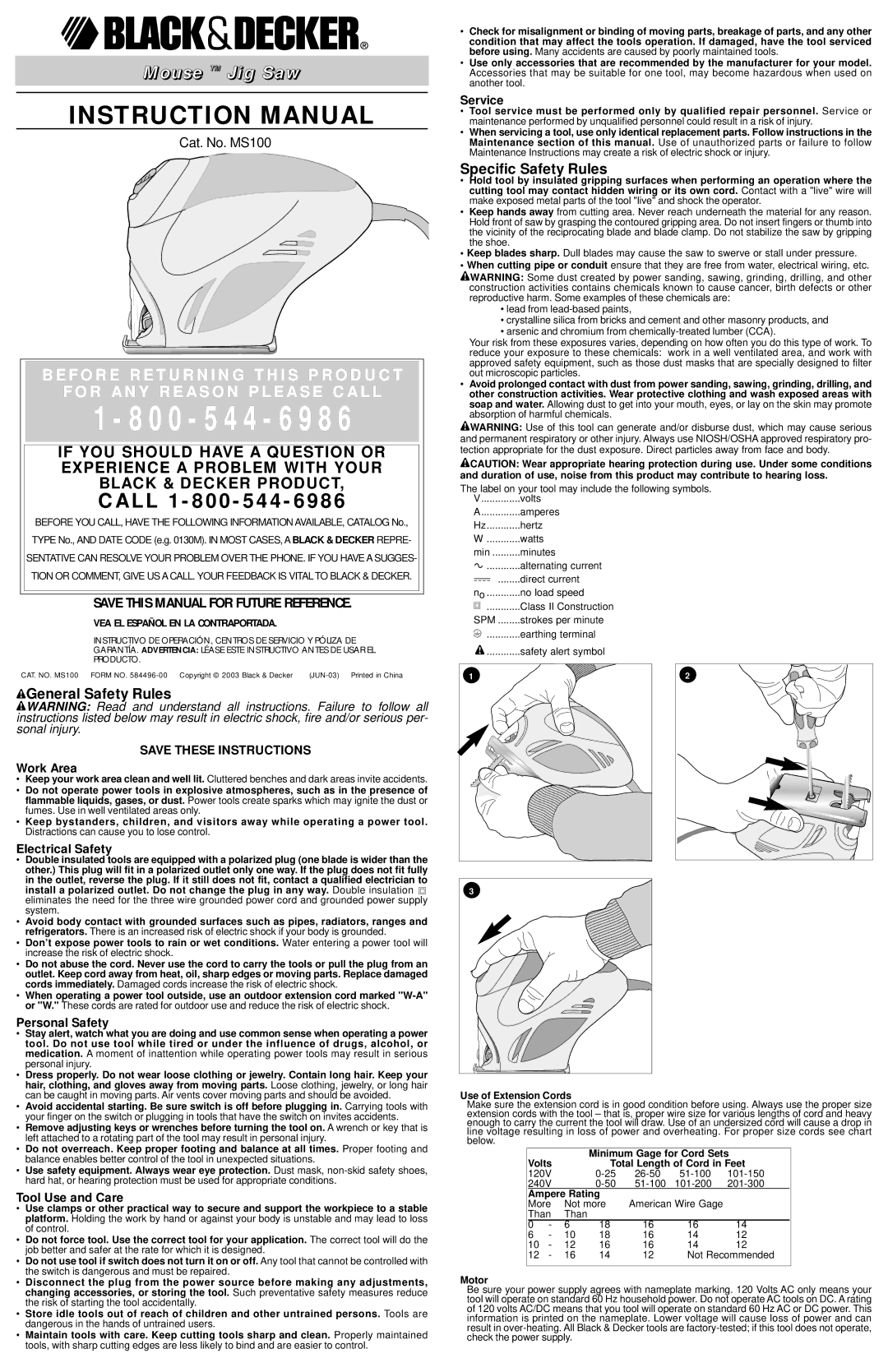 Black & Decker MS100 instruction manual Work Area, Electrical Safety, Personal Safety, Tool Use and Care, Service 