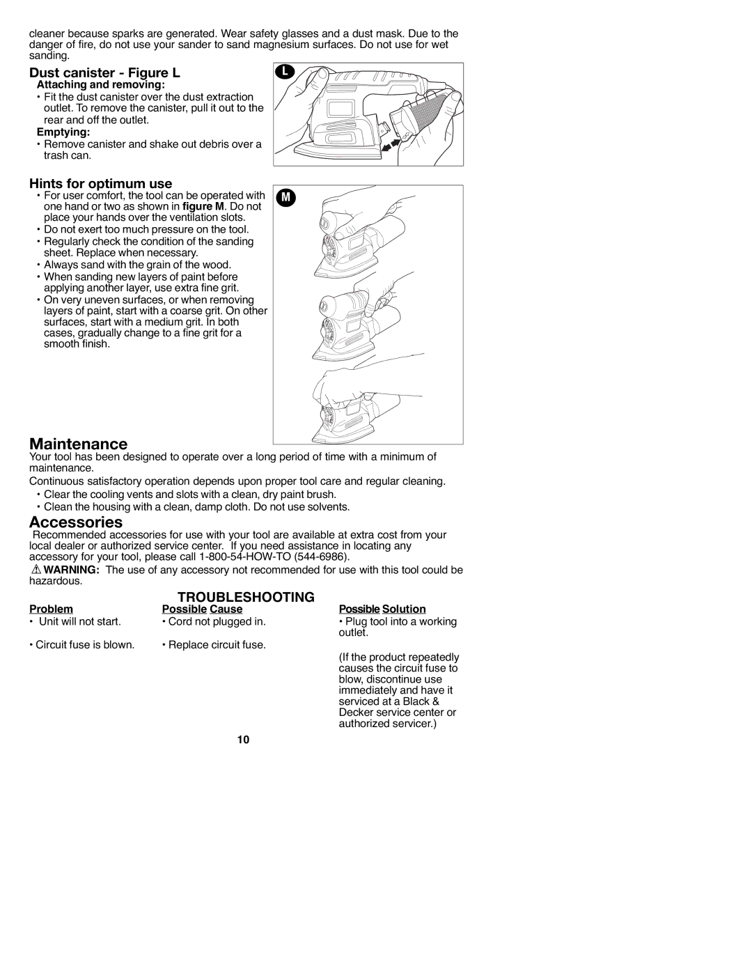 Black & Decker MS2000, 90547658 instruction manual Maintenance, Accessories, Dust canister Figure L, Hints for optimum use 