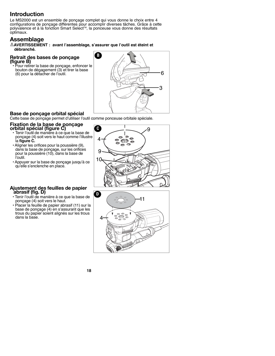 Black & Decker MS2000, 90547658 Assemblage, Retrait des bases de ponçage figure B, Base de ponçage orbital spécial 