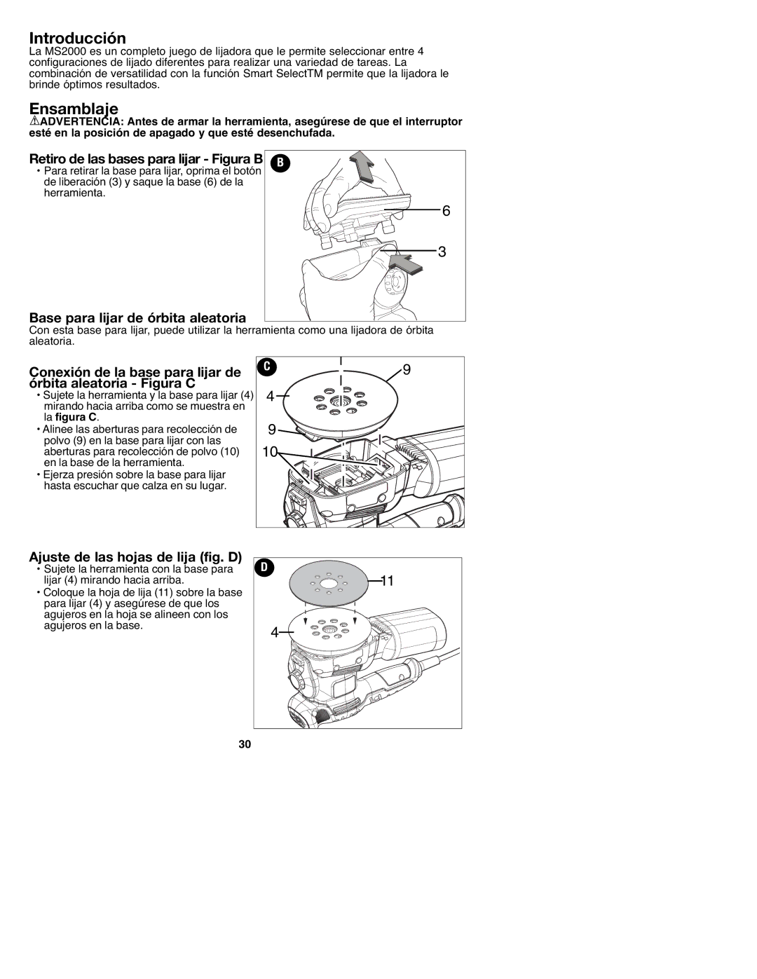 Black & Decker MS2000 Introducción, Ensamblaje, Base para lijar de órbita aleatoria, Ajuste de las hojas de lija fig. D 