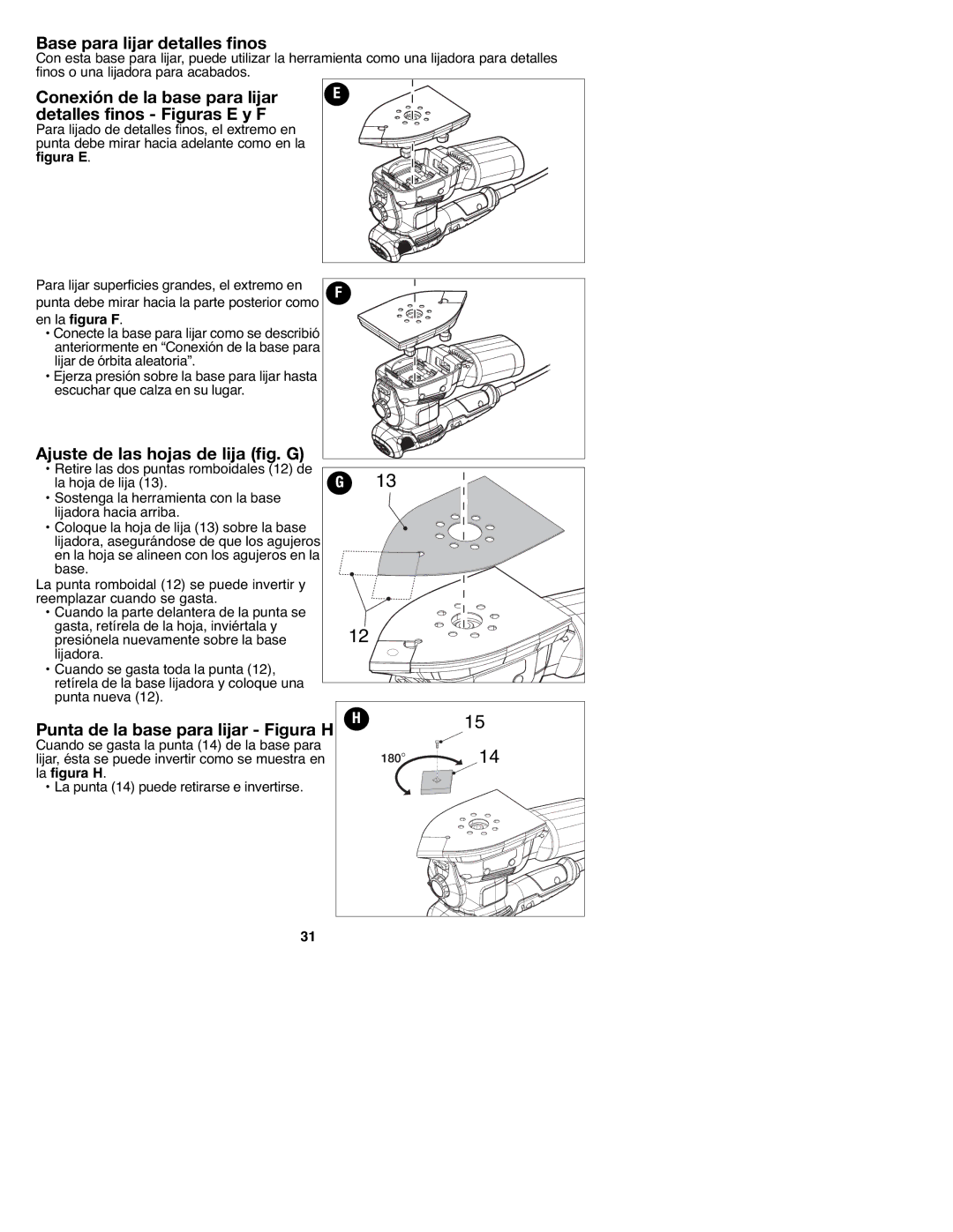 Black & Decker 90547658 Base para lijar detalles finos, Conexión de la base para lijar detalles finos Figuras E y F 
