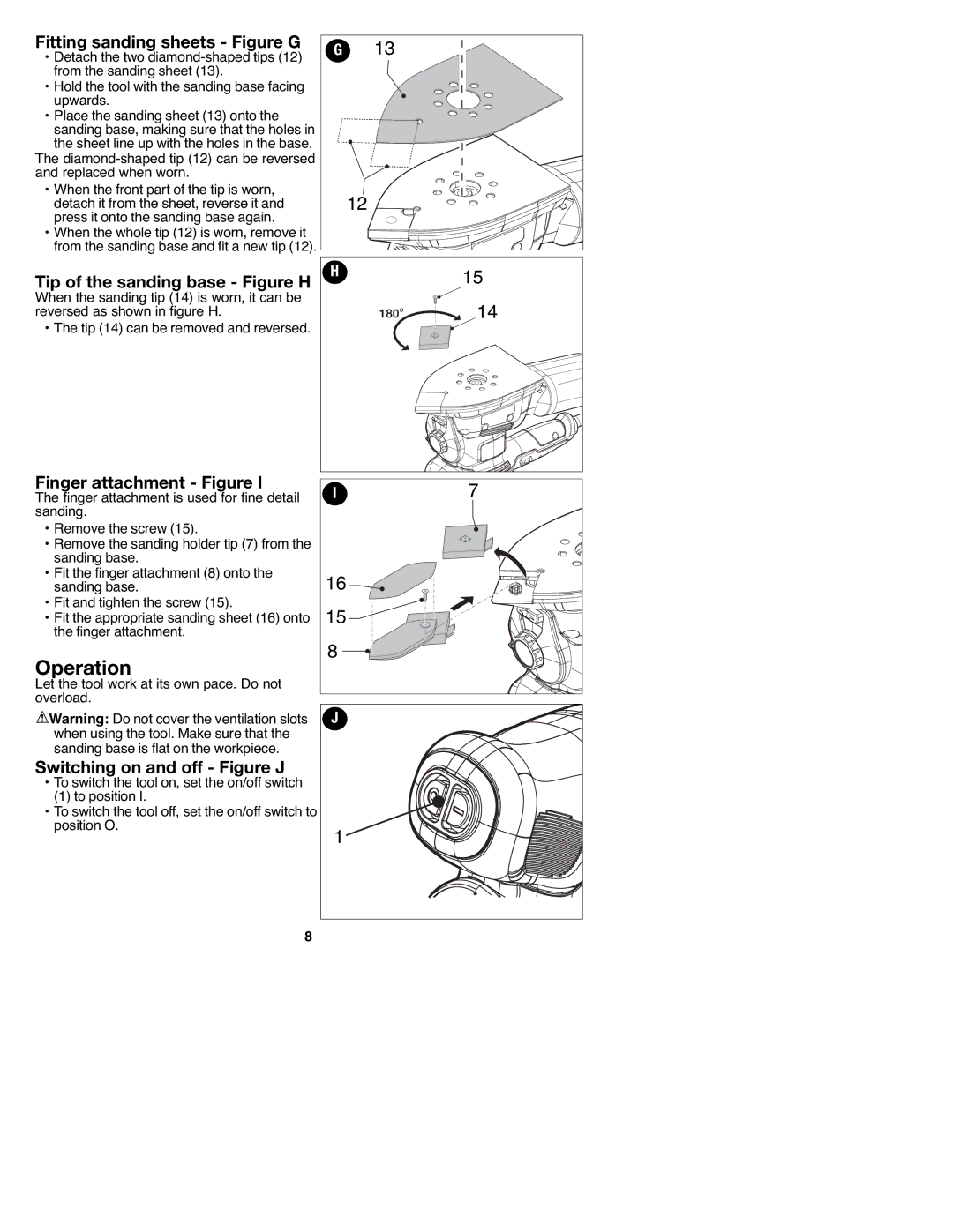 Black & Decker MS2000, 90547658 Operation, Fitting sanding sheets Figure G, Tip of the sanding base Figure H 