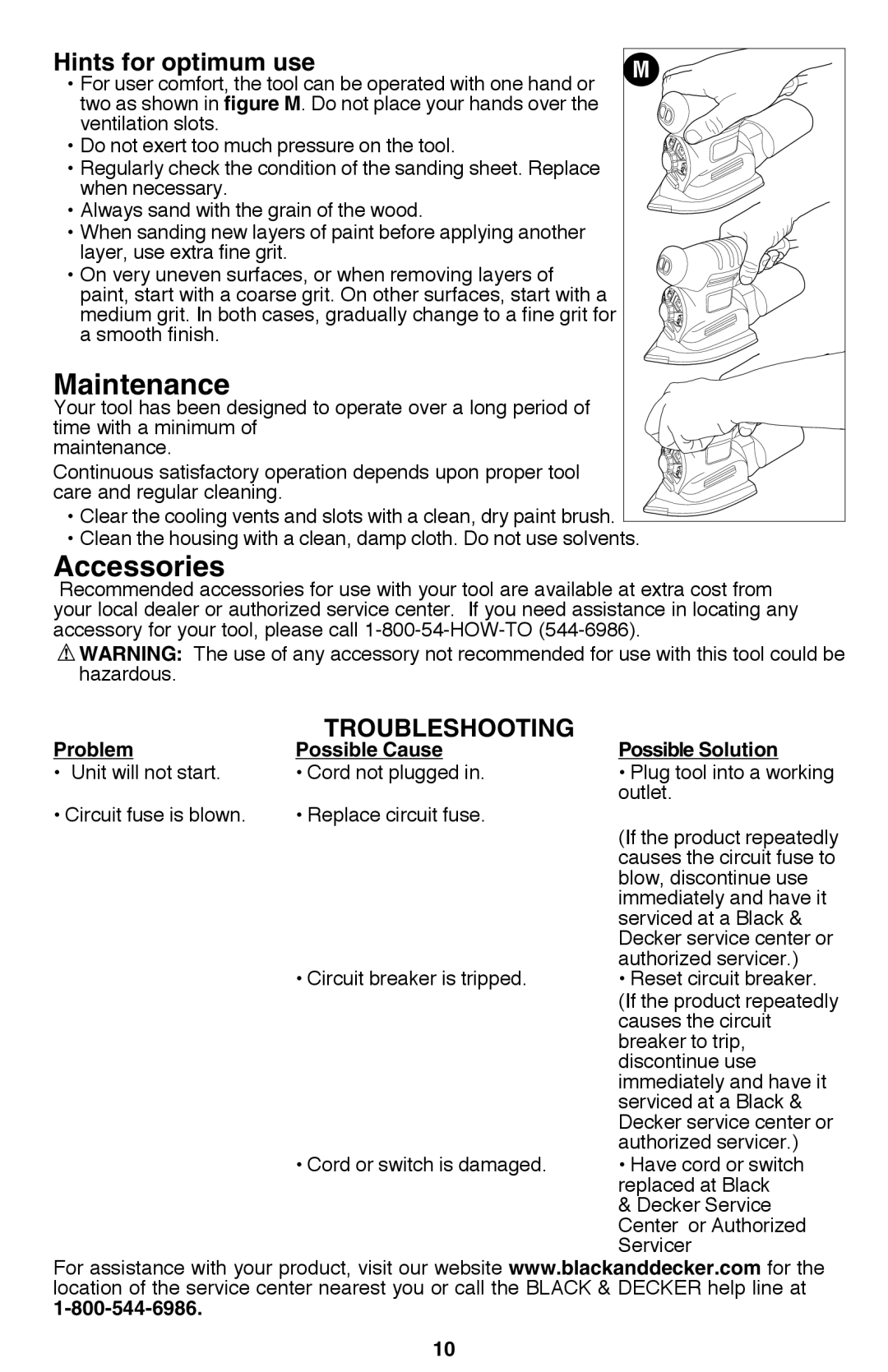 Black & Decker MS2000 instruction manual Maintenance, Accessories, Hints for optimum use, Troubleshooting 