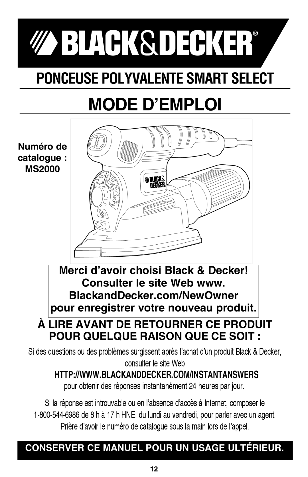 Black & Decker MS2000 instruction manual Mode d’emploi 