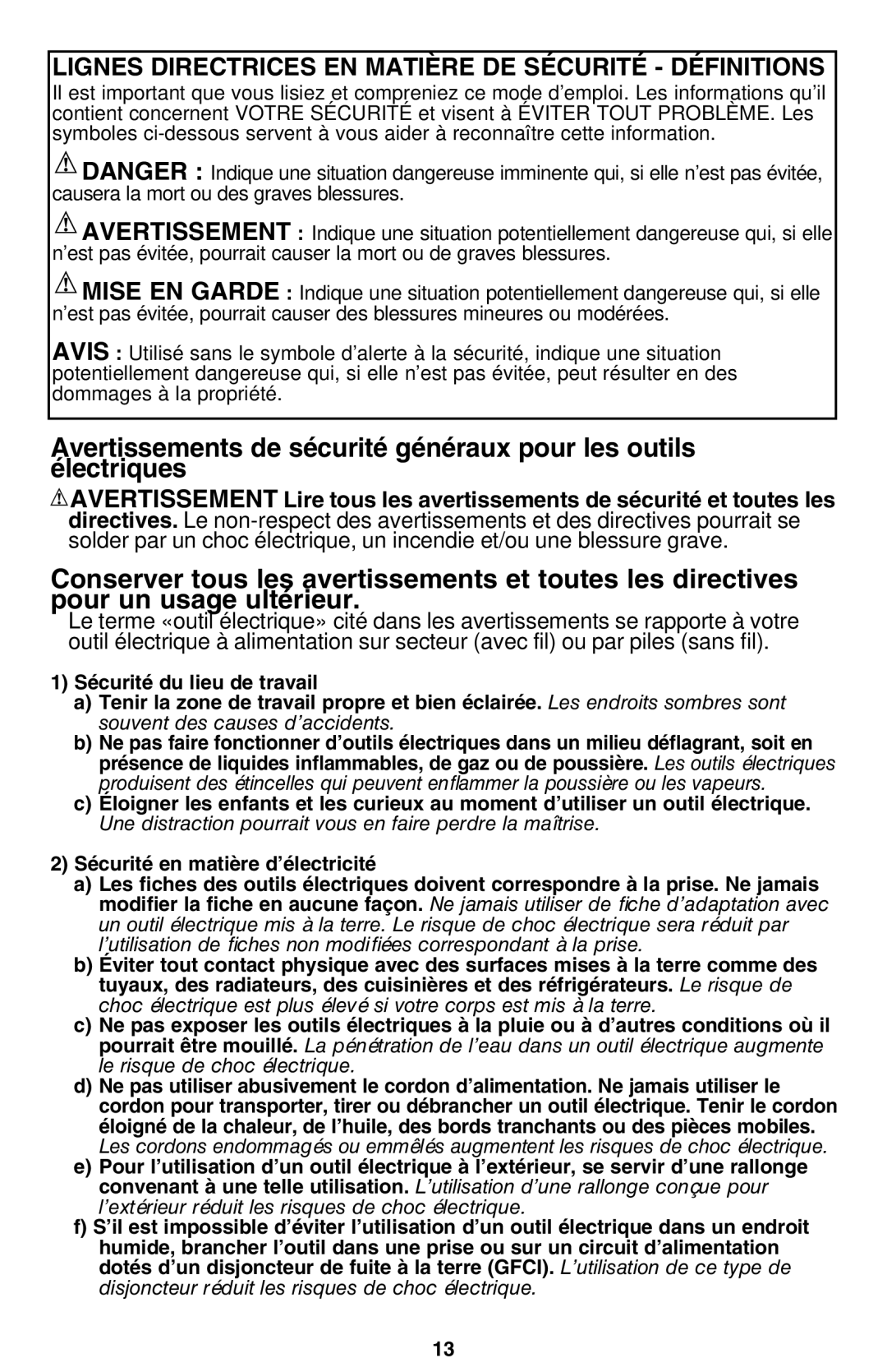 Black & Decker MS2000 instruction manual Lignes directrices en matière de sécurité définitions 