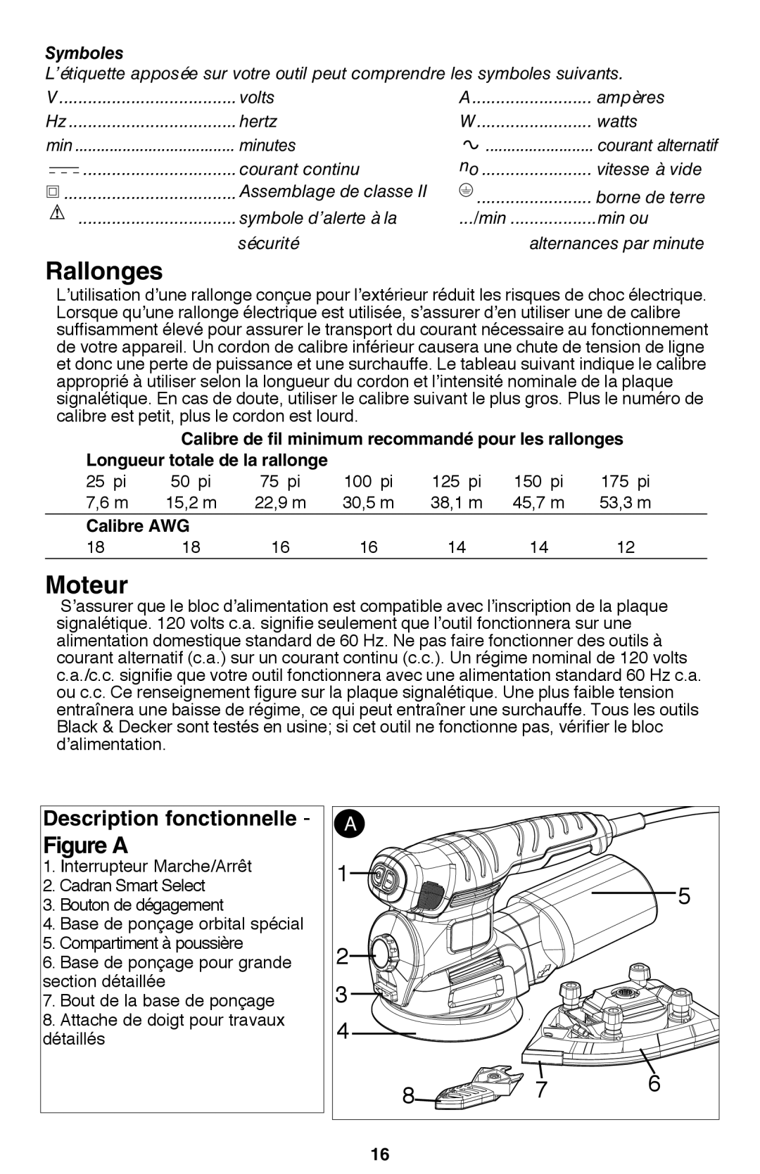 Black & Decker MS2000 instruction manual Rallonges, Moteur, Description fonctionnelle, Calibre AWG 