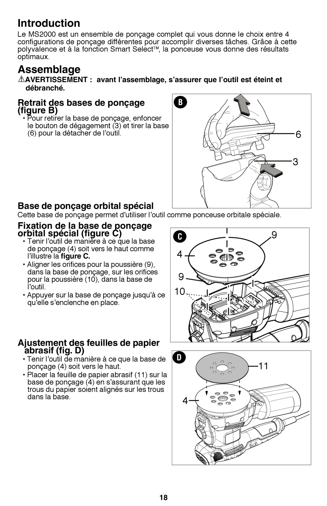 Black & Decker MS2000 instruction manual Assemblage, Retrait des bases de ponçage figure B, Base de ponçage orbital spécial 