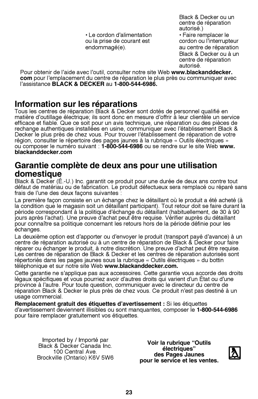 Black & Decker MS2000 instruction manual Information sur les réparations, Blackanddecker.com 