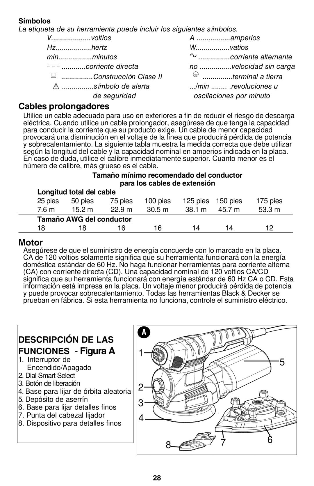 Black & Decker MS2000 instruction manual Cables prolongadores, Motor, Símbolos, Tamaño AWG del conductor 