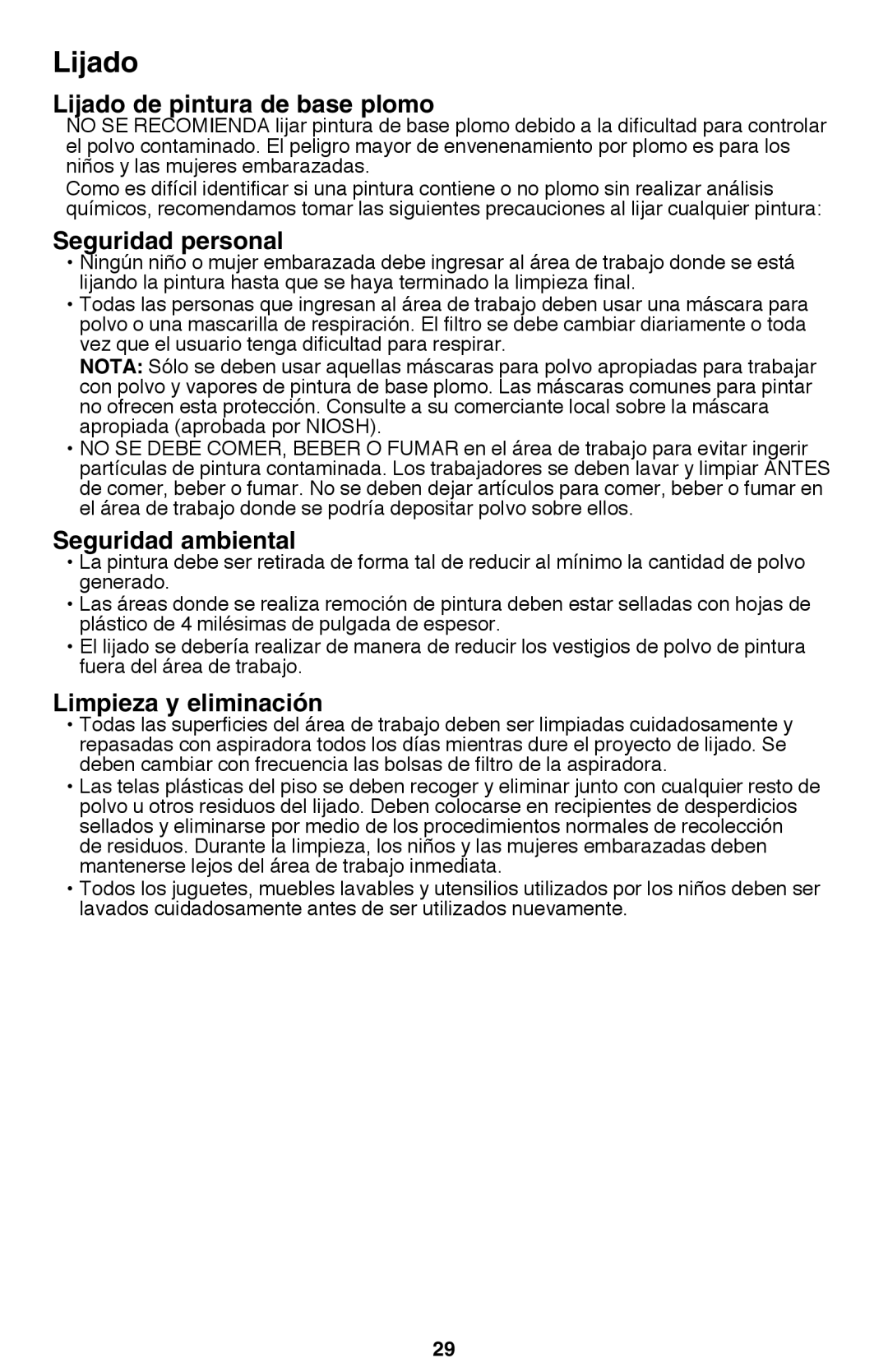 Black & Decker MS2000 Lijado de pintura de base plomo, Seguridad personal, Seguridad ambiental, Limpieza y eliminación 