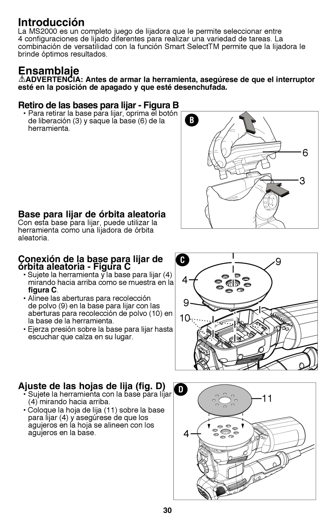 Black & Decker MS2000 instruction manual Introducción, Ensamblaje, Ajuste de las hojas de lija fig. D 