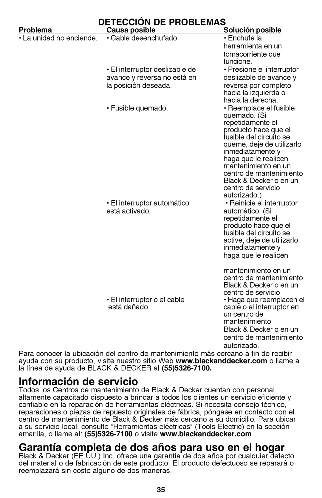 Black & Decker MS2000 instruction manual Detección de problemas, Problema Causa posible Solución posible 