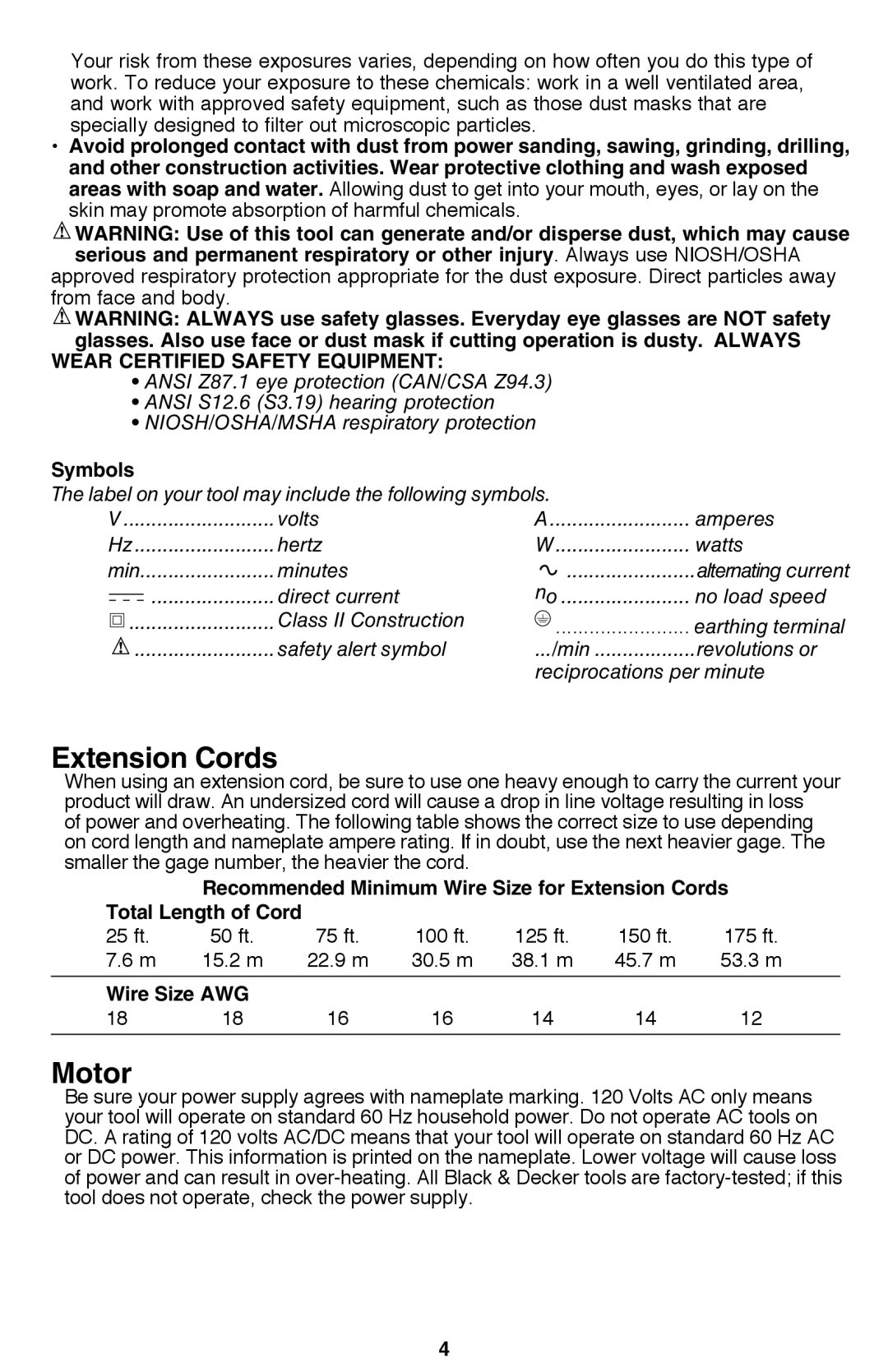 Black & Decker MS2000 instruction manual Extension Cords, Motor, Wear Certified Safety EQUIPMENT  