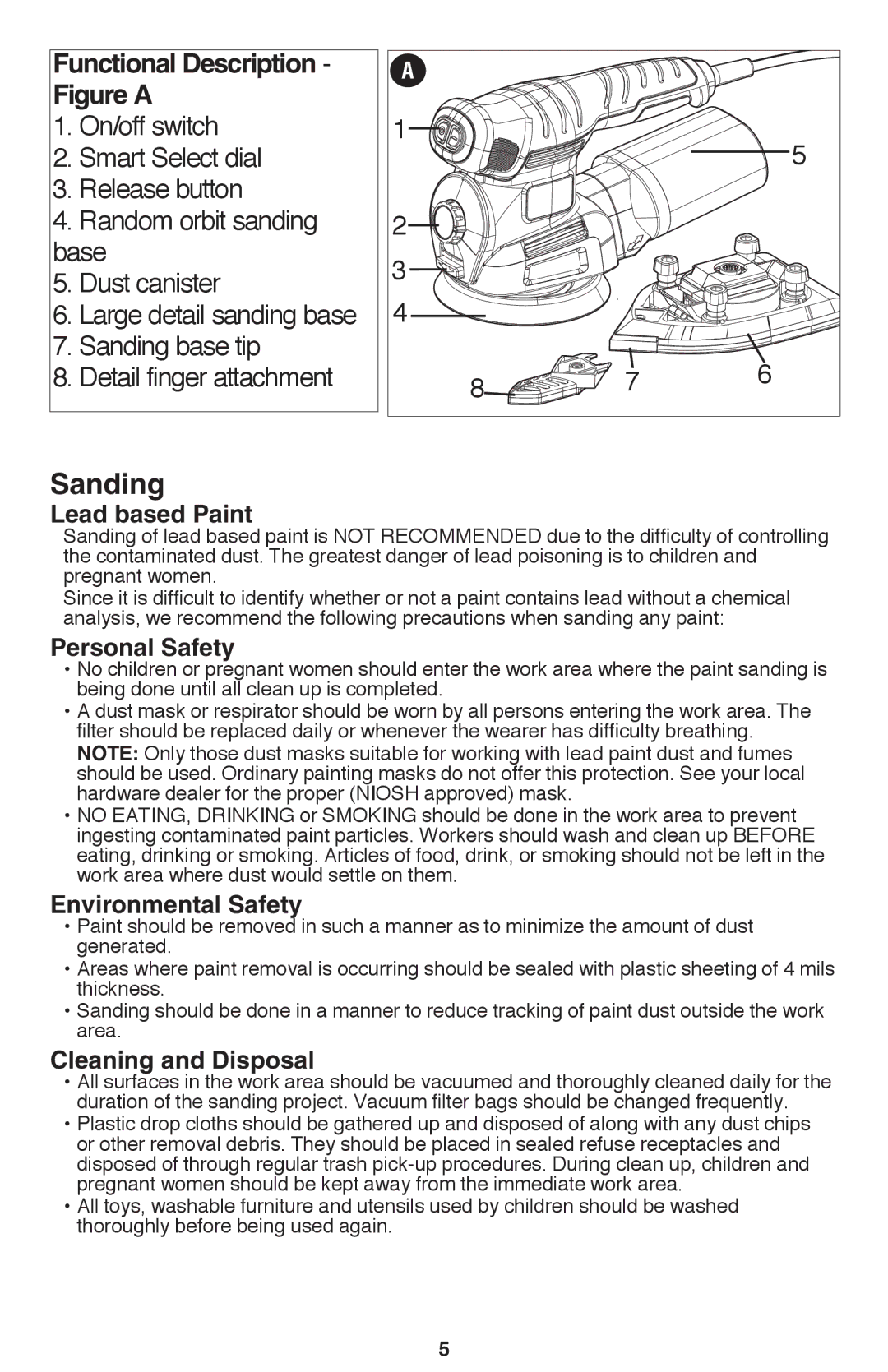 Black & Decker MS2000 Sanding, Lead based Paint, Personal Safety, Environmental Safety, Cleaning and Disposal 