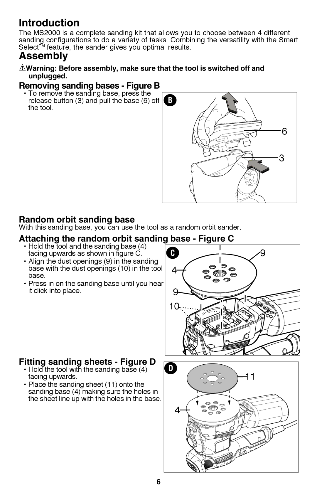 Black & Decker MS2000 Introduction, Assembly, Random orbit sanding base, Attaching the random orbit sanding base Figure C 