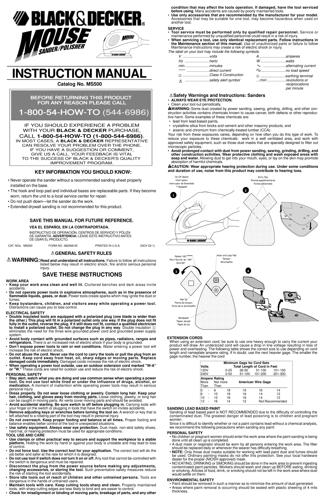 Black & Decker 582268-00, MS500 instruction manual Safety Warnings and Instructions Sanders 