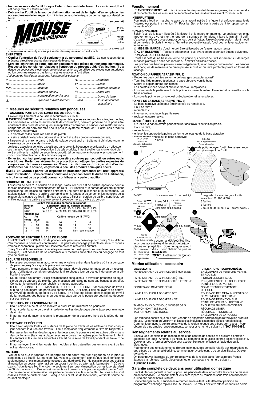 Black & Decker 582268-00 Mesures de sé curité relatives aux ponceuses, Fonctionnement, Matrice utilisation accessoire 