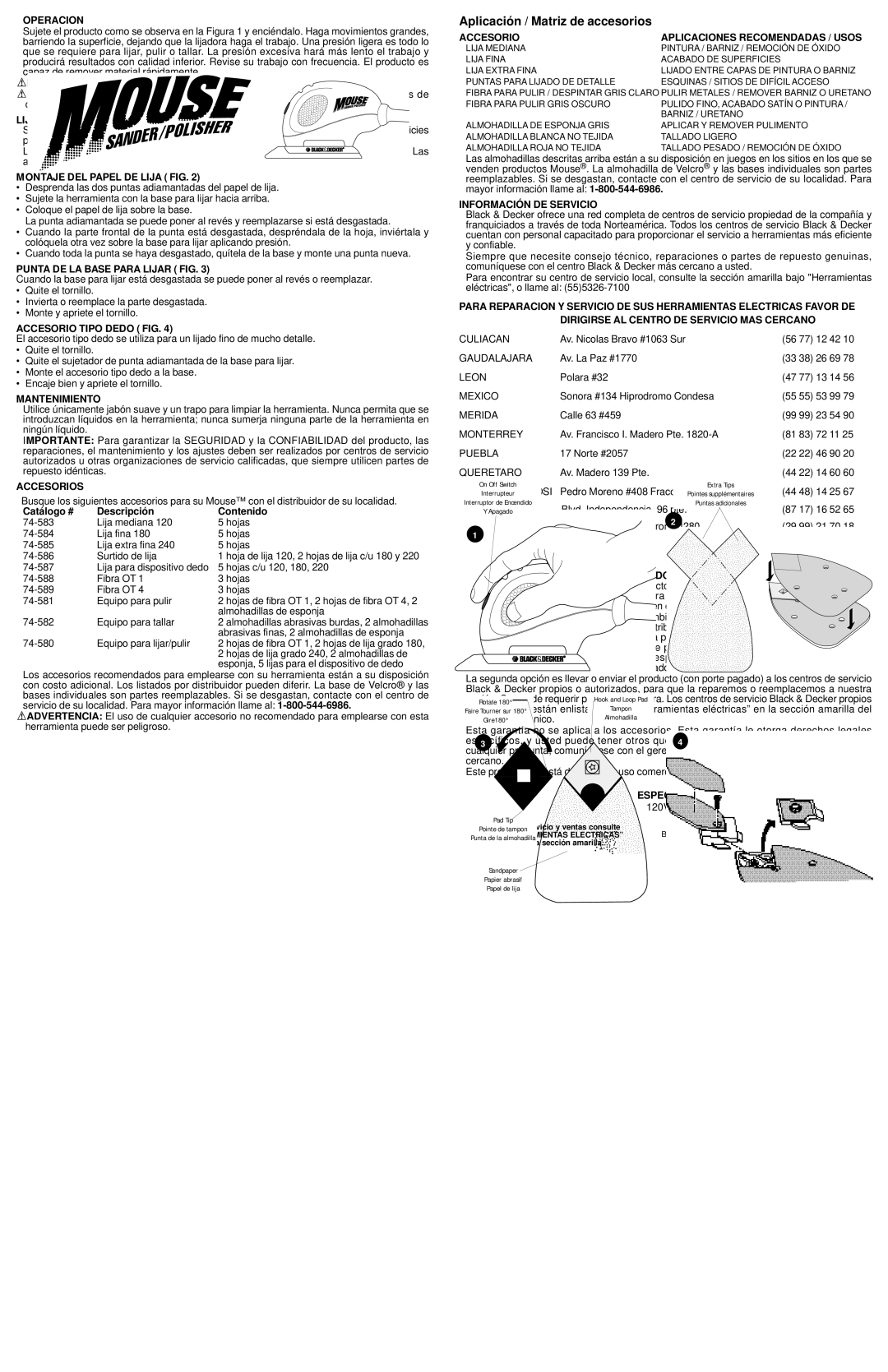 Black & Decker 582268-00, MS500 instruction manual Aplicació n / Matriz de accesorios 