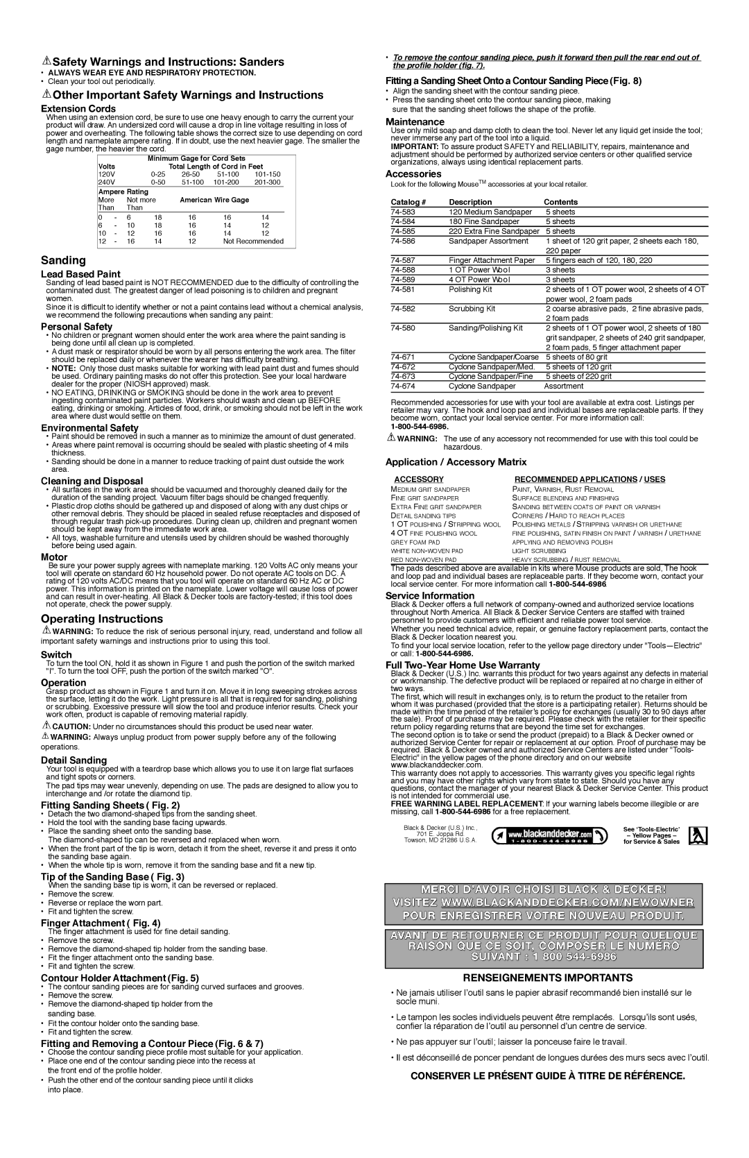 Black & Decker MS500CB Safety Warnings and Instructions Sanders, Other Important Safety Warnings and Instructions 