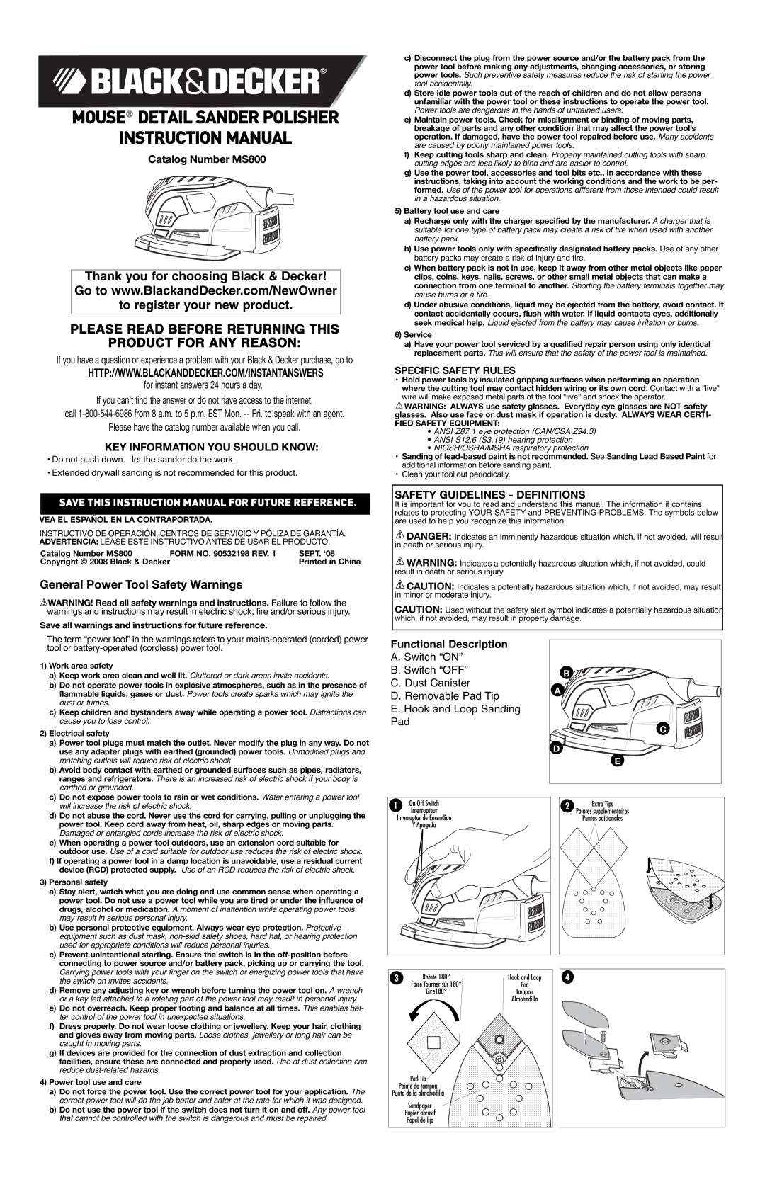 Black & Decker MS800B instruction manual Mouse Detail Sander Polisher 