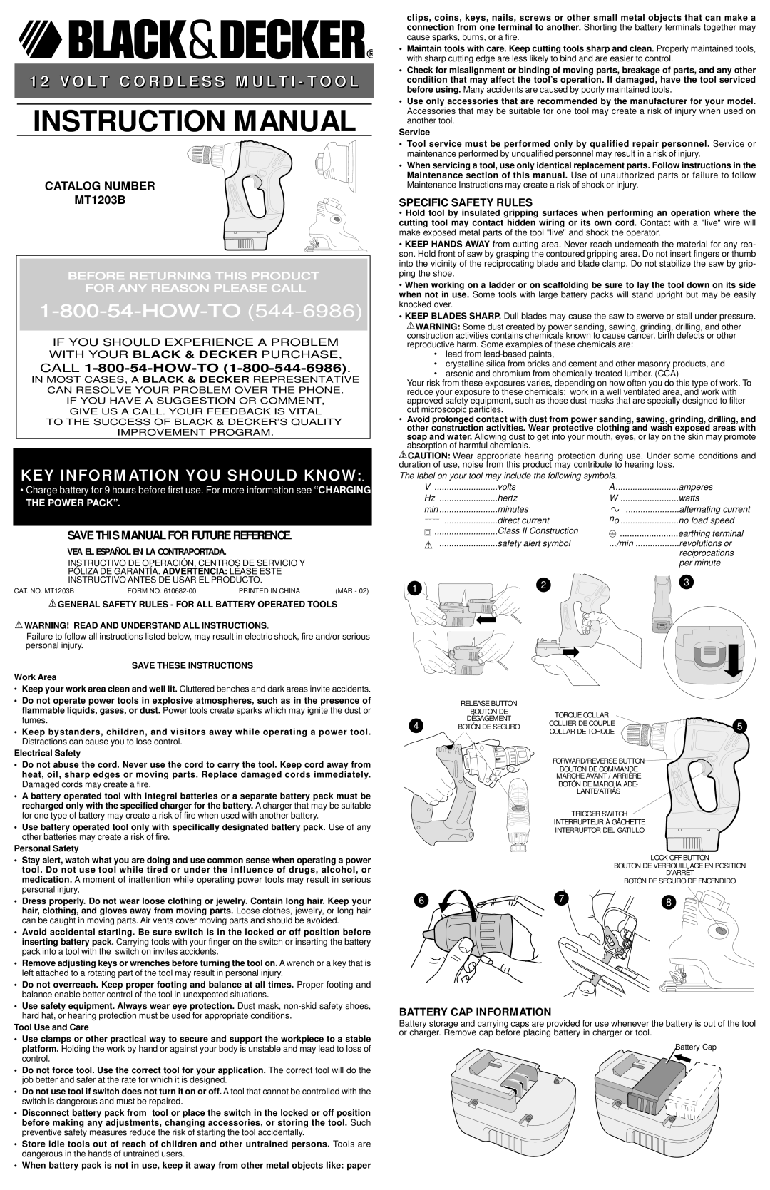 Black & Decker MT1203B instruction manual Specific Safety Rules, Battery CAP Information, Work Area 