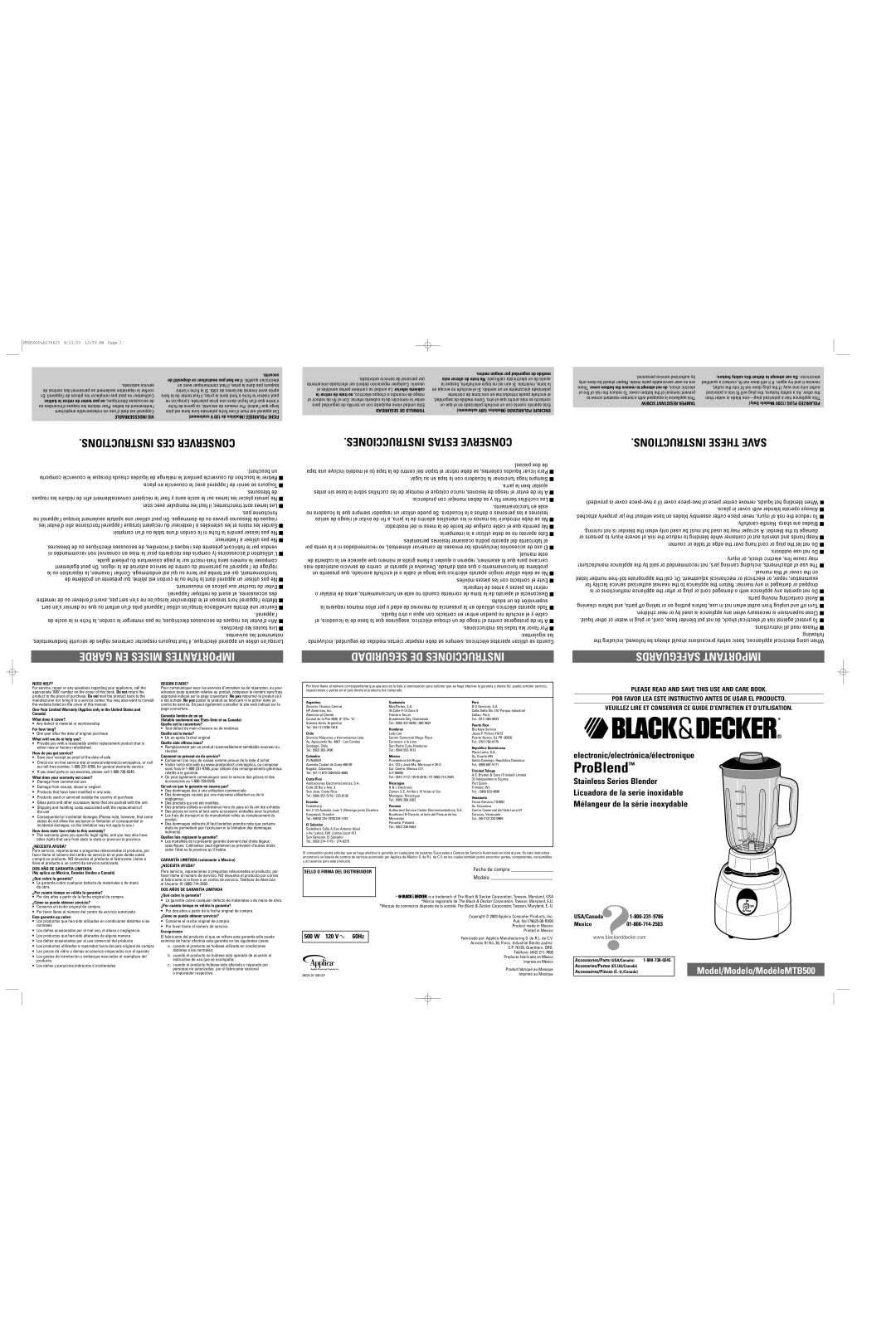 Black & Decker user service Model/Modelo/ModéleMTB500, Securité 