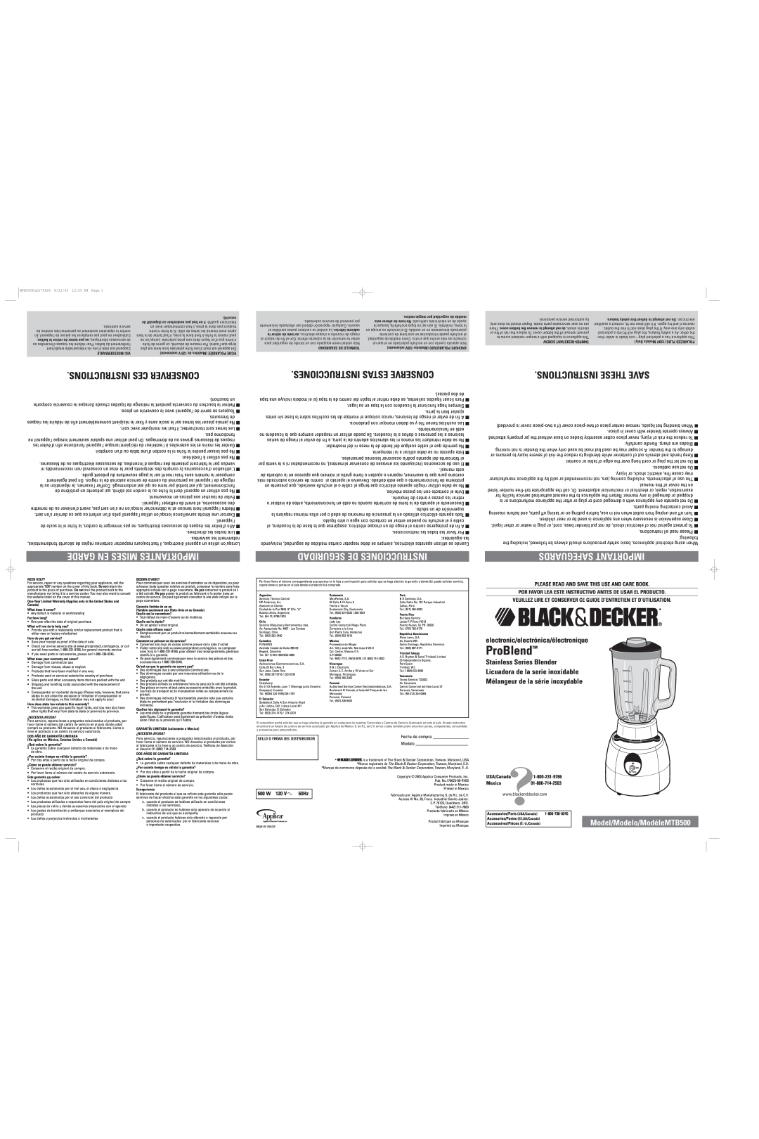 Black & Decker user service Model/Modelo/ModéleMTB500, Please Read And Save This Use And Care Book, 500 W, 60Hz 