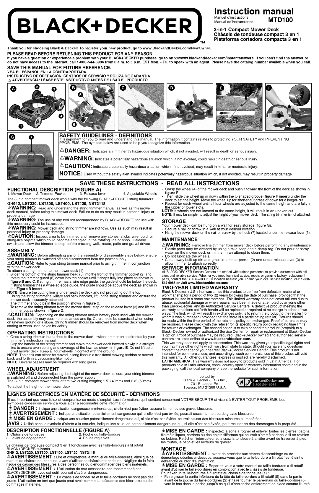 Black & Decker MTD100 operating instructions Assembly, Operating Instructions, Description Fonctionnelle Figure a, Montage 