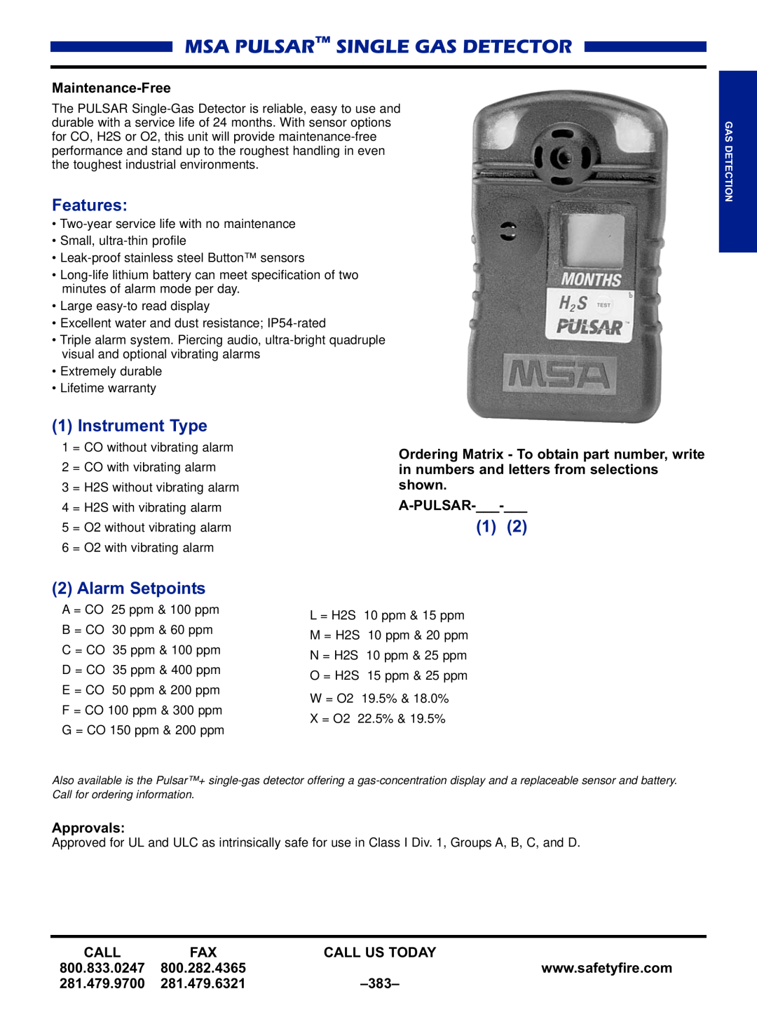 Black & Decker MULTI-GAS DETECTORS manual Msa Pulsar Single Gas Detector, Instrument Type, Alarm Setpoints, Features 