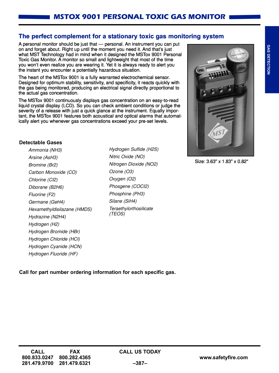 Black & Decker MULTI-GAS DETECTORS manual MSTOX 9001 PERSONAL TOXIC GAS MONITOR, Detectable Gases, Call Us Today, 387 