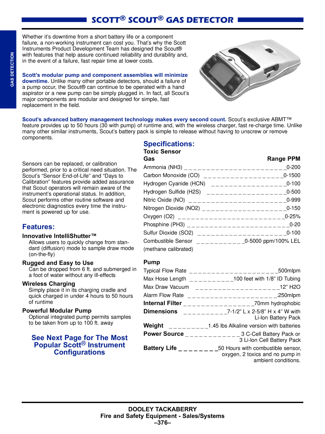 Black & Decker MULTI-GAS DETECTORS manual Scott Scout Gas Detector, Specifications, Features, Configurations 