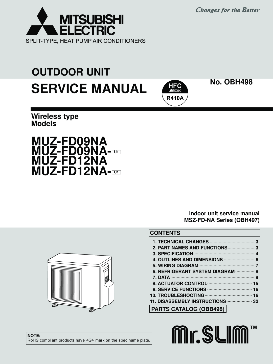 Black & Decker MUZ-FD12NA- U1 service manual R410A, Contents, PARTS CATALOG OBB498, MUZ-FD09NA MUZ-FD09NA- U1 MUZ-FD12NA 