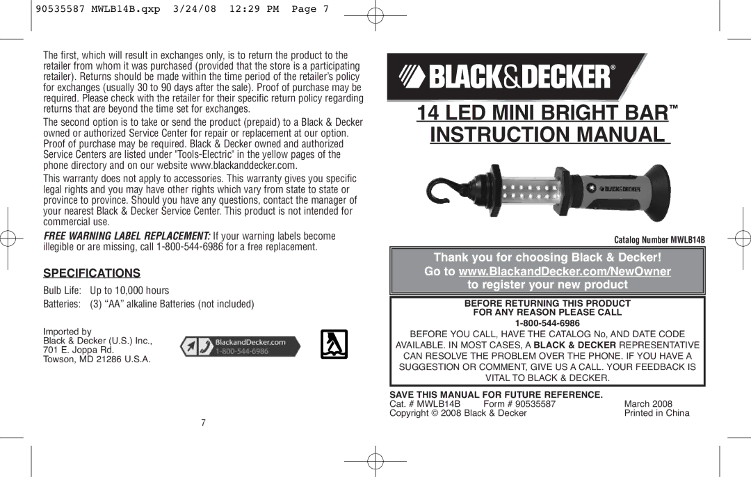 Black & Decker specifications Specifications, MWLB14B.qxp 3/24/08 1229 PM 