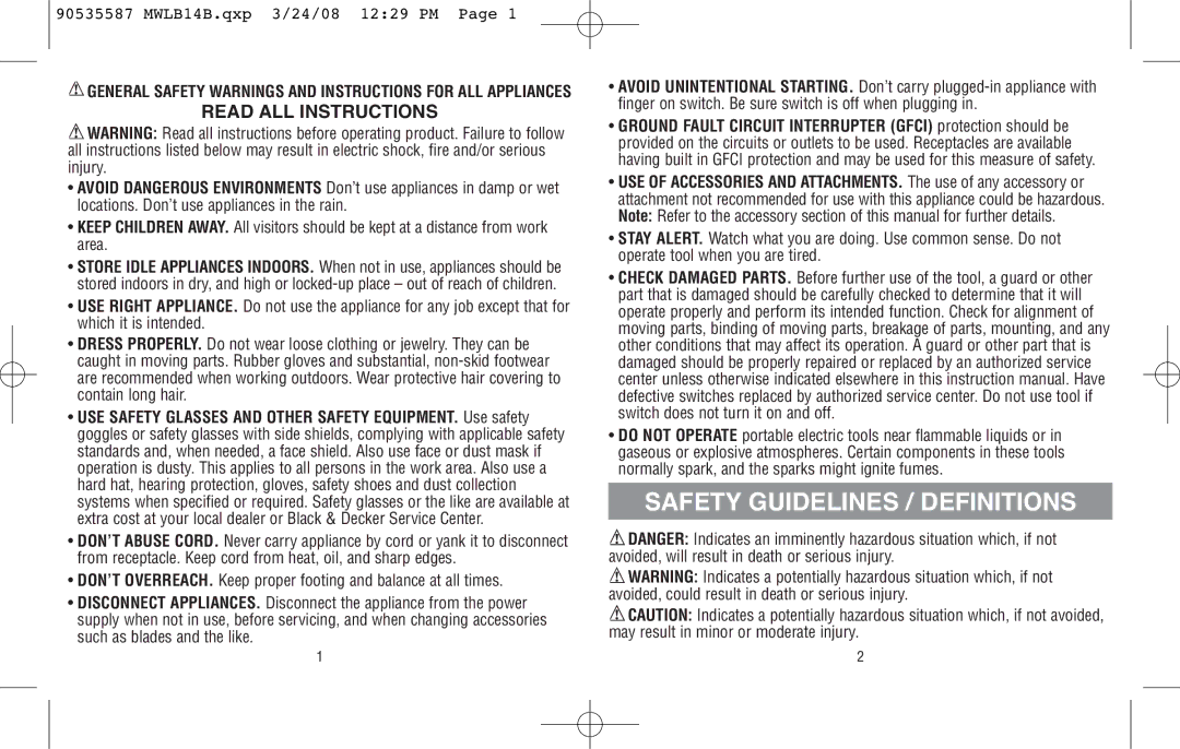 Black & Decker MWLB14B specifications Safety Guidelines / Definitions, Read ALL Instructions 