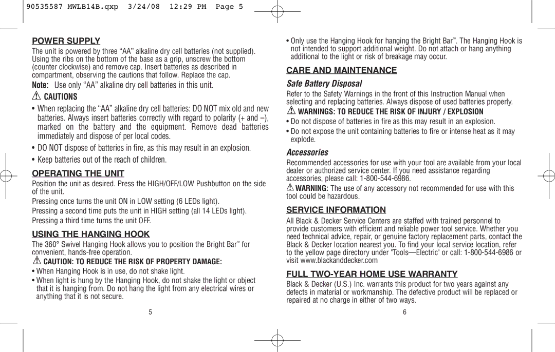 Black & Decker MWLB14B specifications Power Supply, Operating the Unit, Using the Hanging Hook, Care and Maintenance 