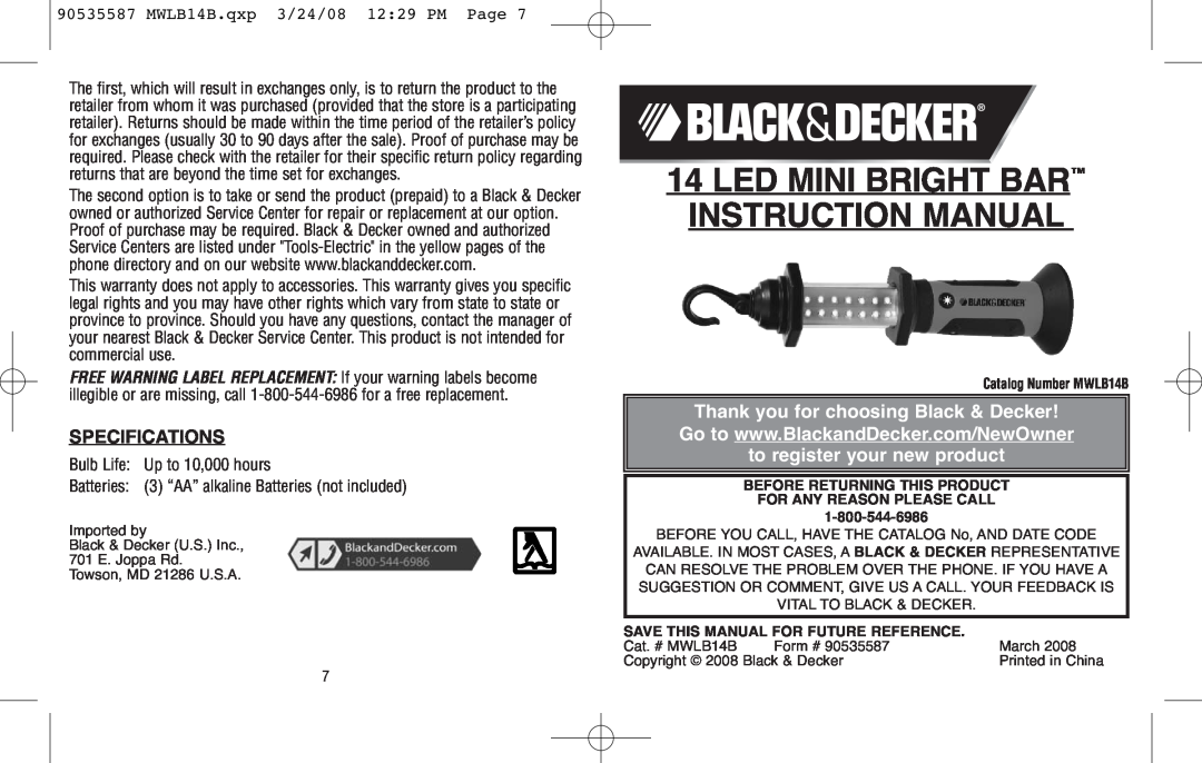 Black & Decker specifications Specifications, MWLB14B.qxp 3/24/08 12 29 PM Page, to register your new product 