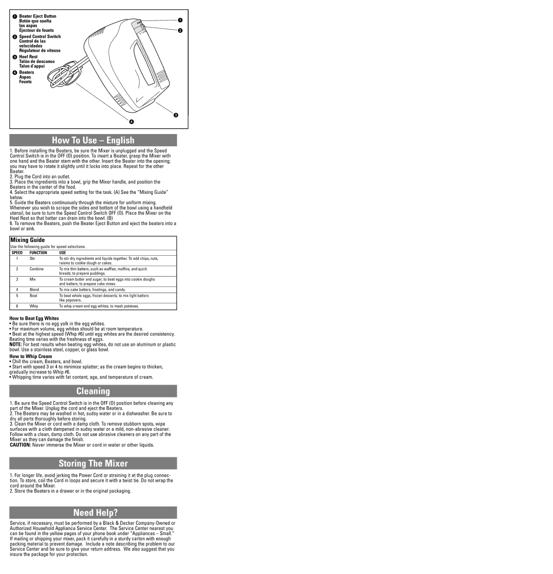 Black & Decker MX20 warranty How To Use English, Cleaning, Storing The Mixer, Need Help?, Mixing Guide 