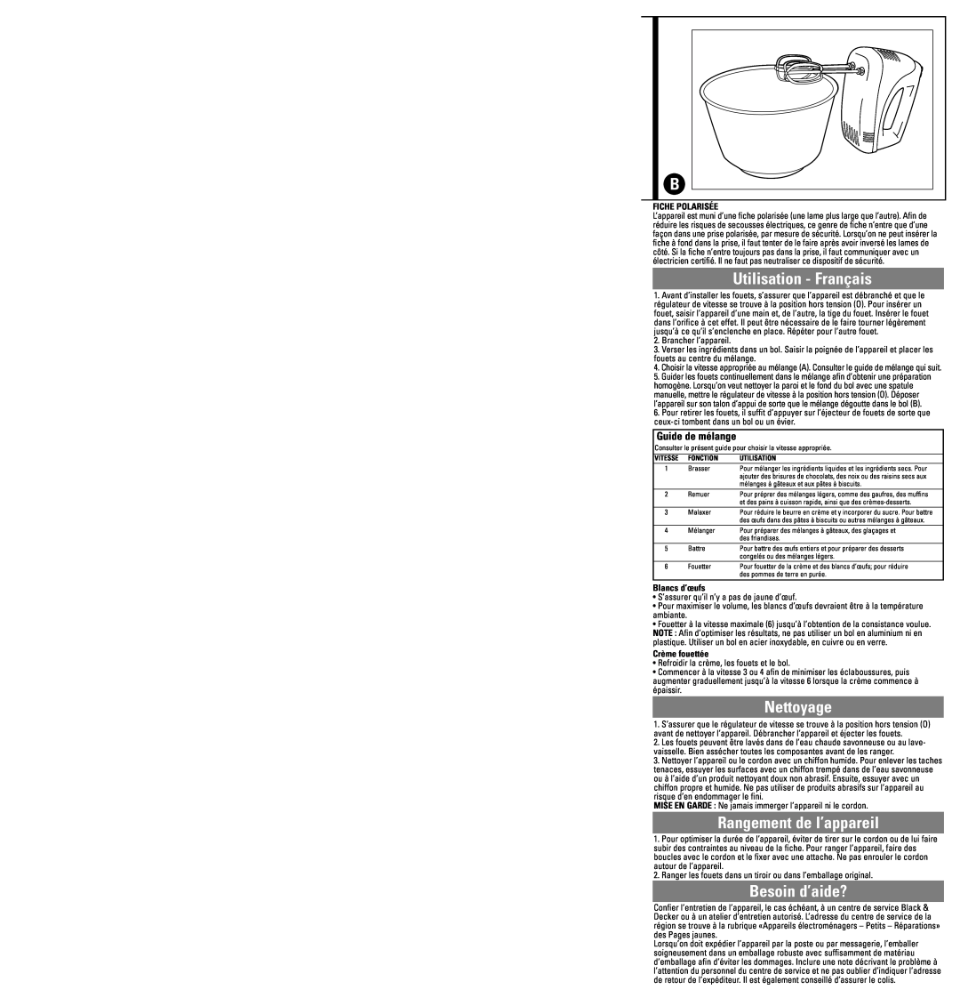 Black & Decker MX20 warranty Utilisation - Français, Nettoyage, Rangement de l’appareil, Besoin d’aide?, Guide de mélange 