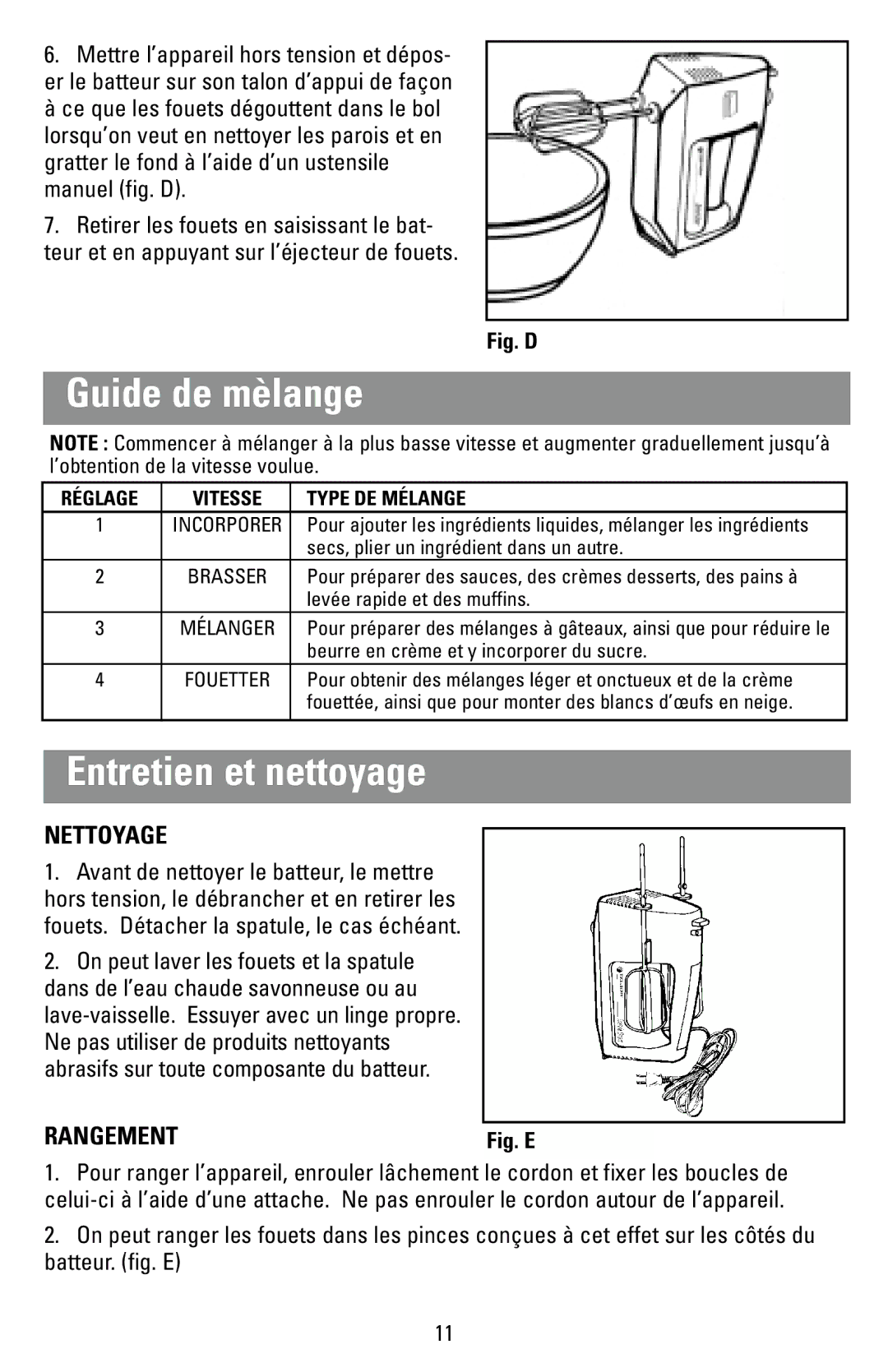 Black & Decker MX40 manual Guide de mèlange, Entretien et nettoyage, Nettoyage, Rangement 